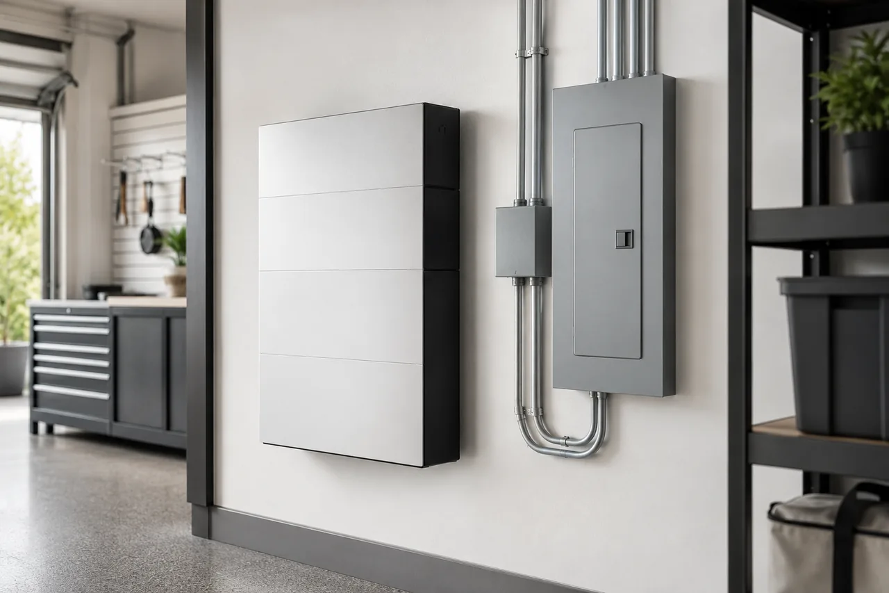 Wall-mounted home battery system beside a modern electrical panel