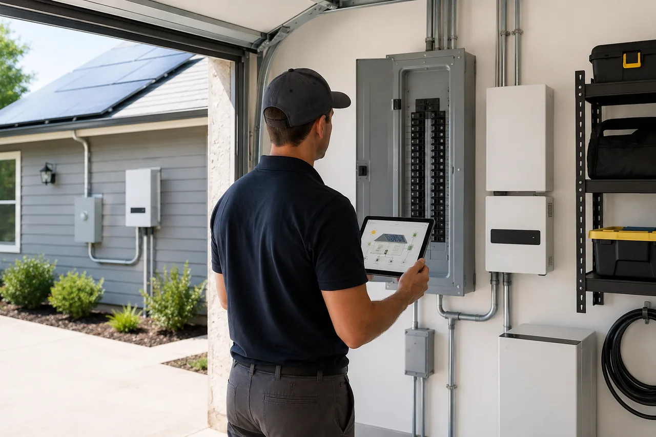 Technician reviewing a solar-ready electrical panel and home energy equipment