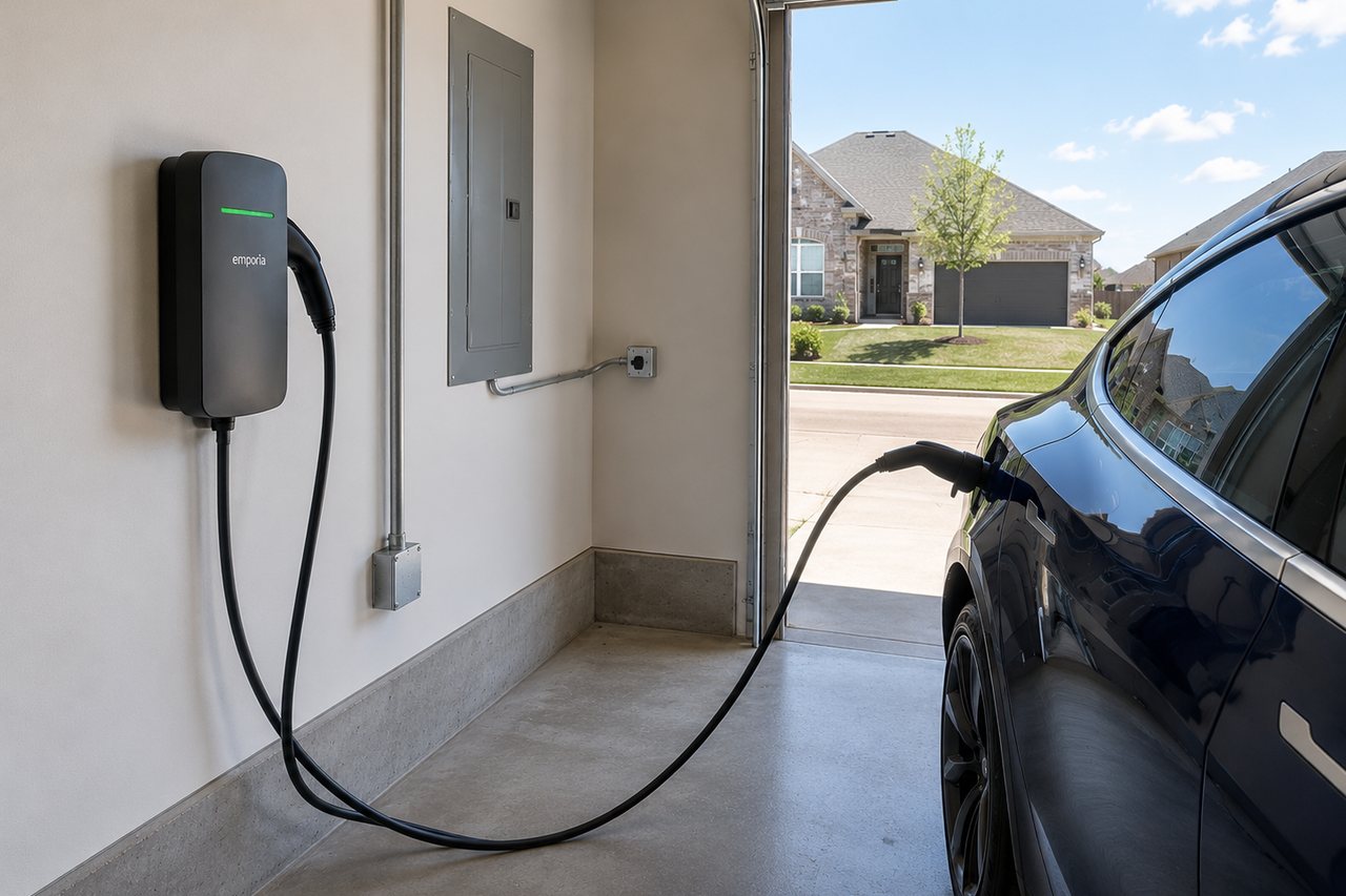 Level 2 EV charger installed in a residential garage beside an electrical panel