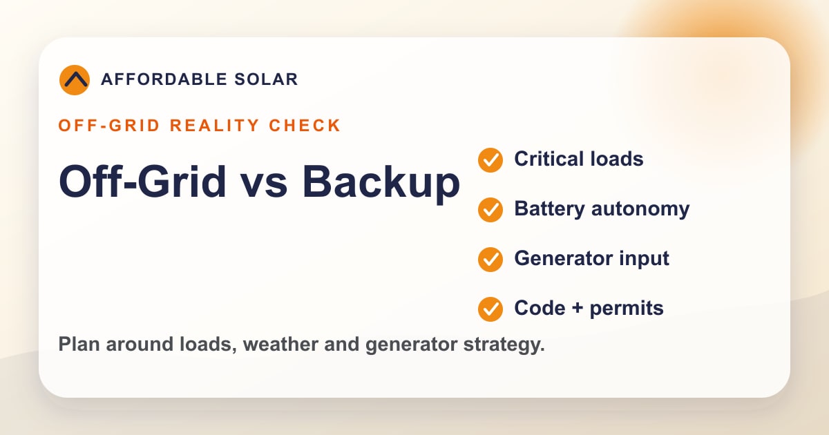 Branded illustration comparing off-grid solar, battery backup and generator planning for Oklahoma homes