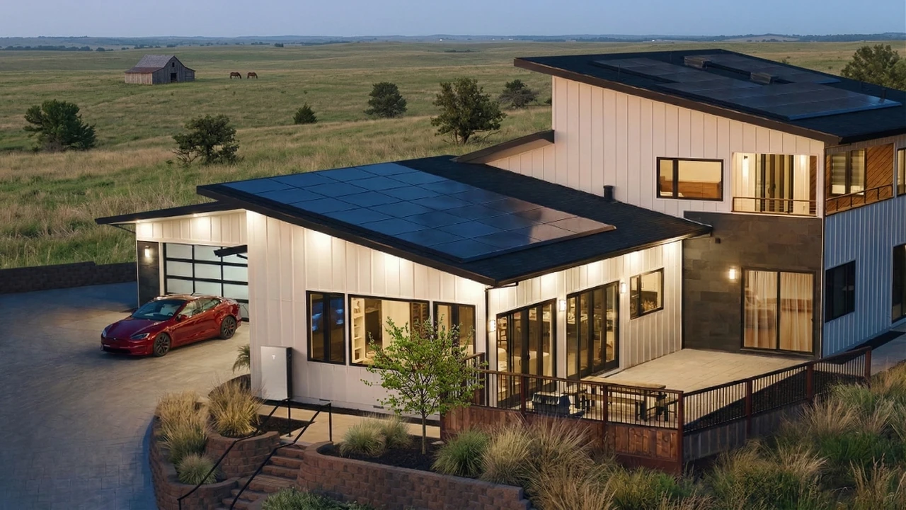 Oklahoma farmhouse with solar panels, Tesla Powerwall, and rural landscape