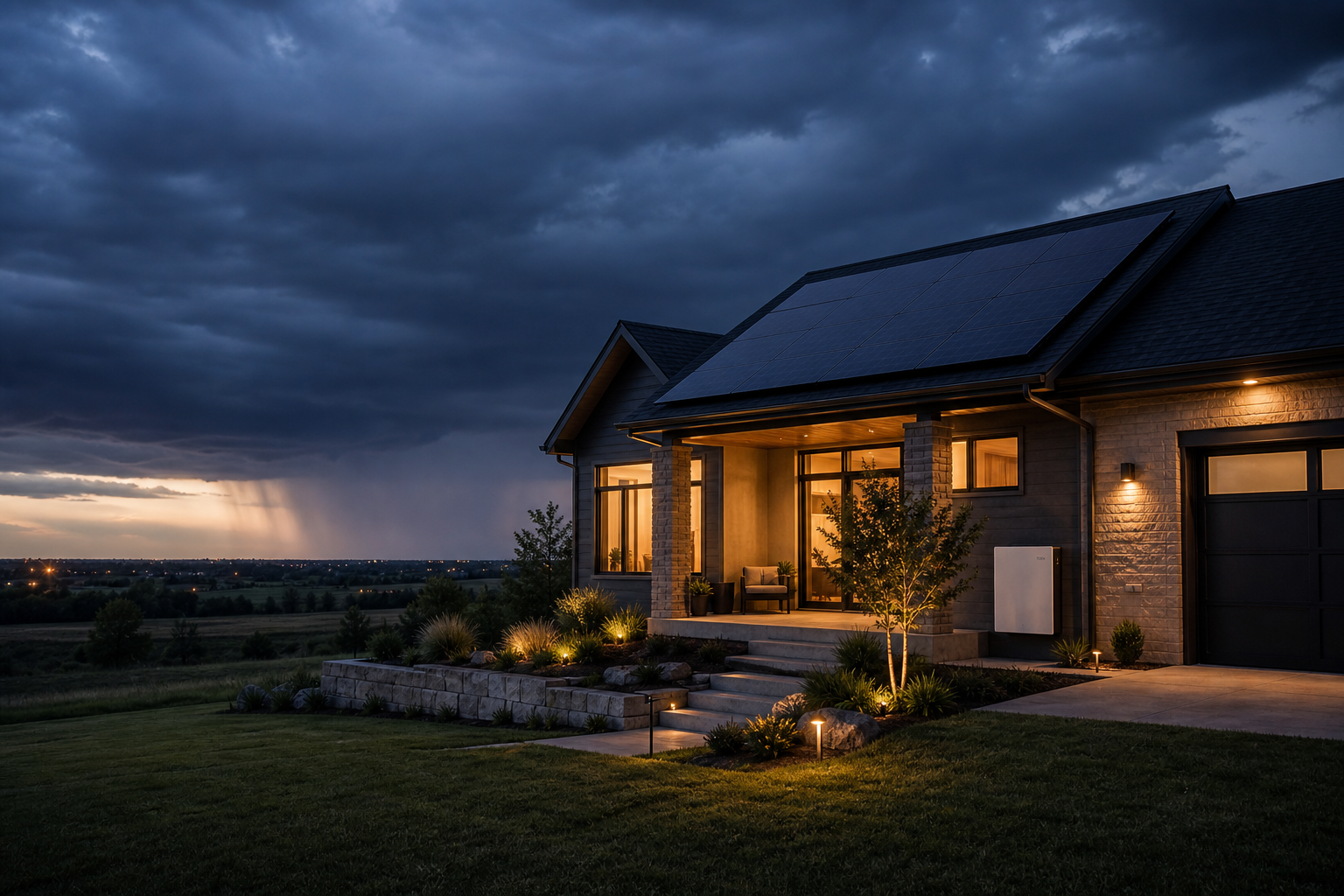 Solar-ready Oklahoma home during a stormy evening