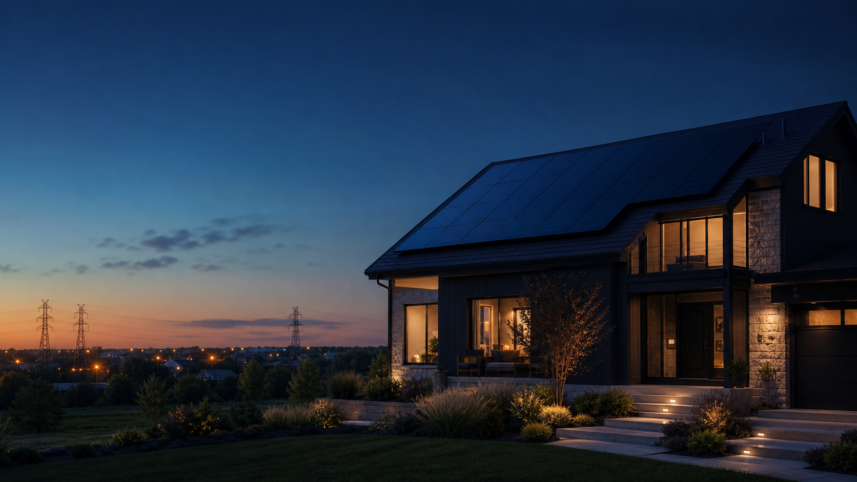 Solar-powered Oklahoma home at dusk with utility lines in the distance