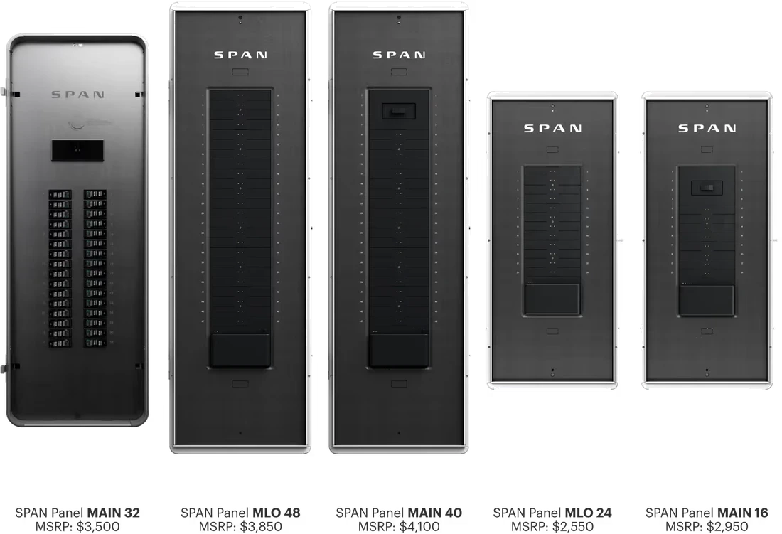 SPAN Panel lineup: MAIN 32, MLO 48, MAIN 40, MLO 24 and MAIN 16 models with pricing