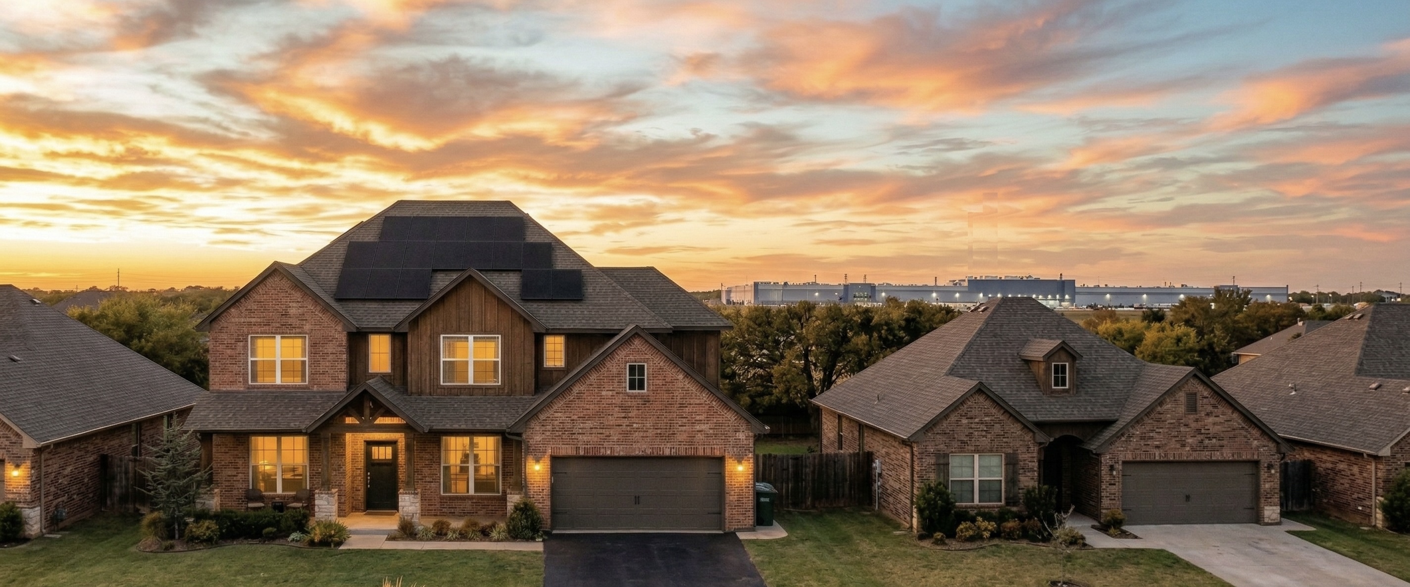 Oklahoma home with solar panels at sunset